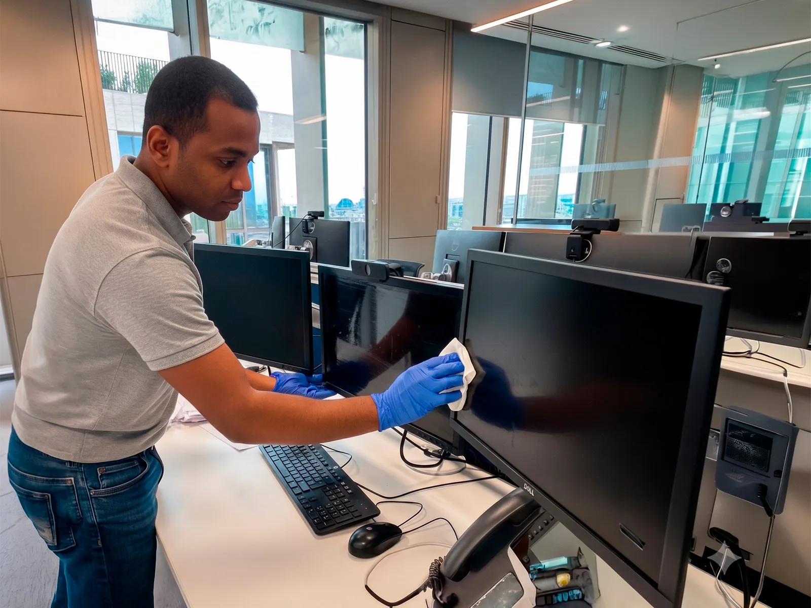 Un técnico de limpieza con guantes de nitrilo repasando monitores, teclados y superficies de escritorio en una oficina diáfana