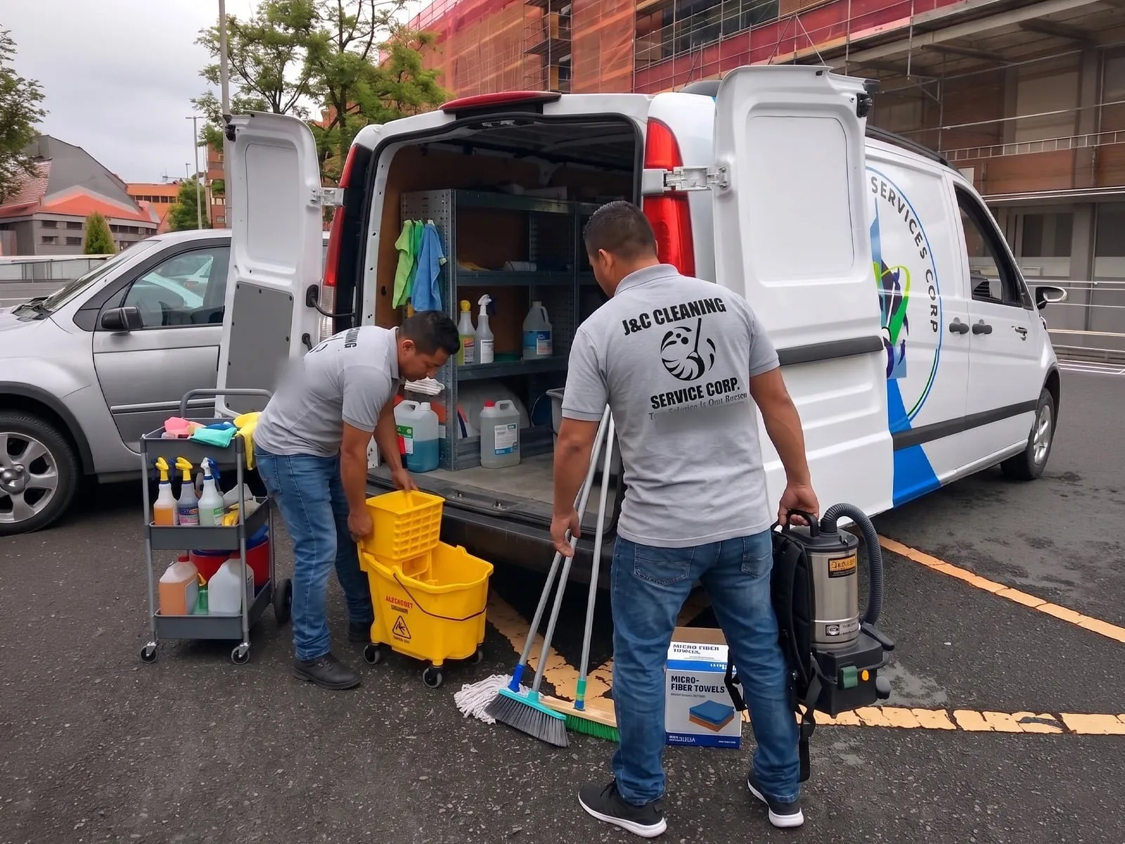 Two J&C Cleaning Services technicians unloading a stocked service van in a parking lot, with a supply cart, mop bucket, brooms and a backpack vacuum