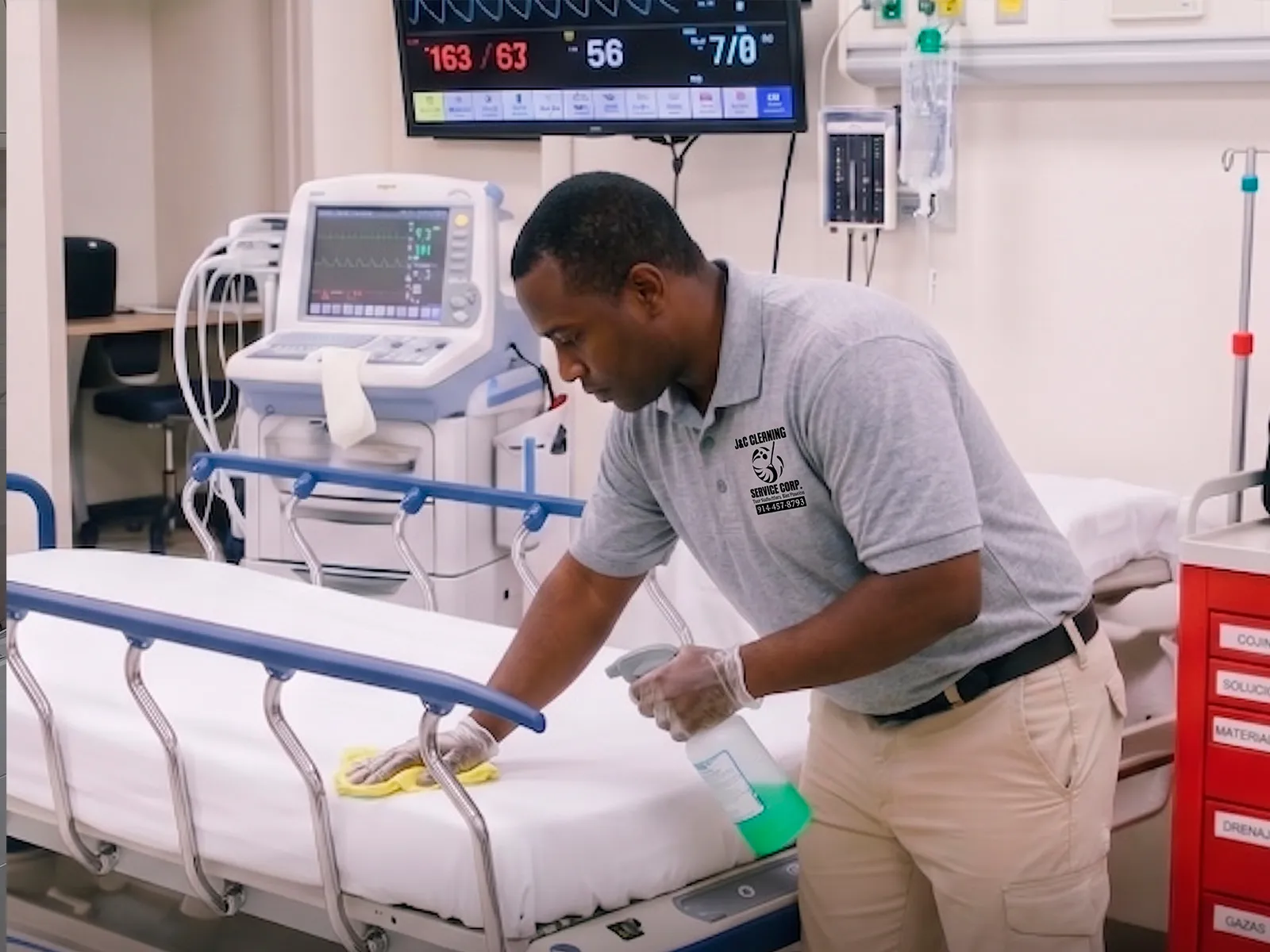 Un técnico de J&C Cleaning Services desinfectando una camilla de hospital junto a un monitor de paciente y un portasueros