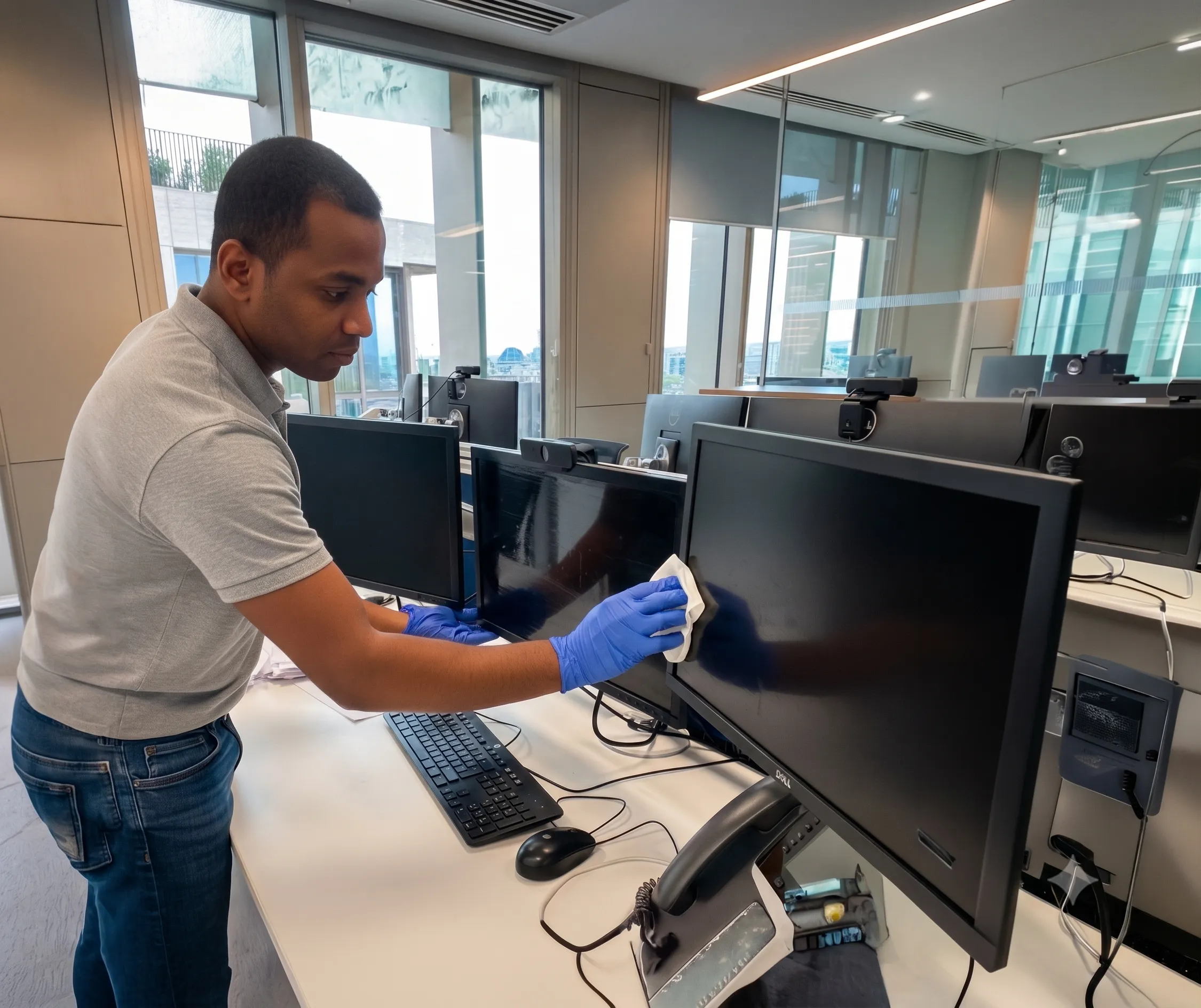 Un técnico de limpieza con guantes de nitrilo repasando monitores y escritorios en una fila de puestos de trabajo de una oficina diáfana