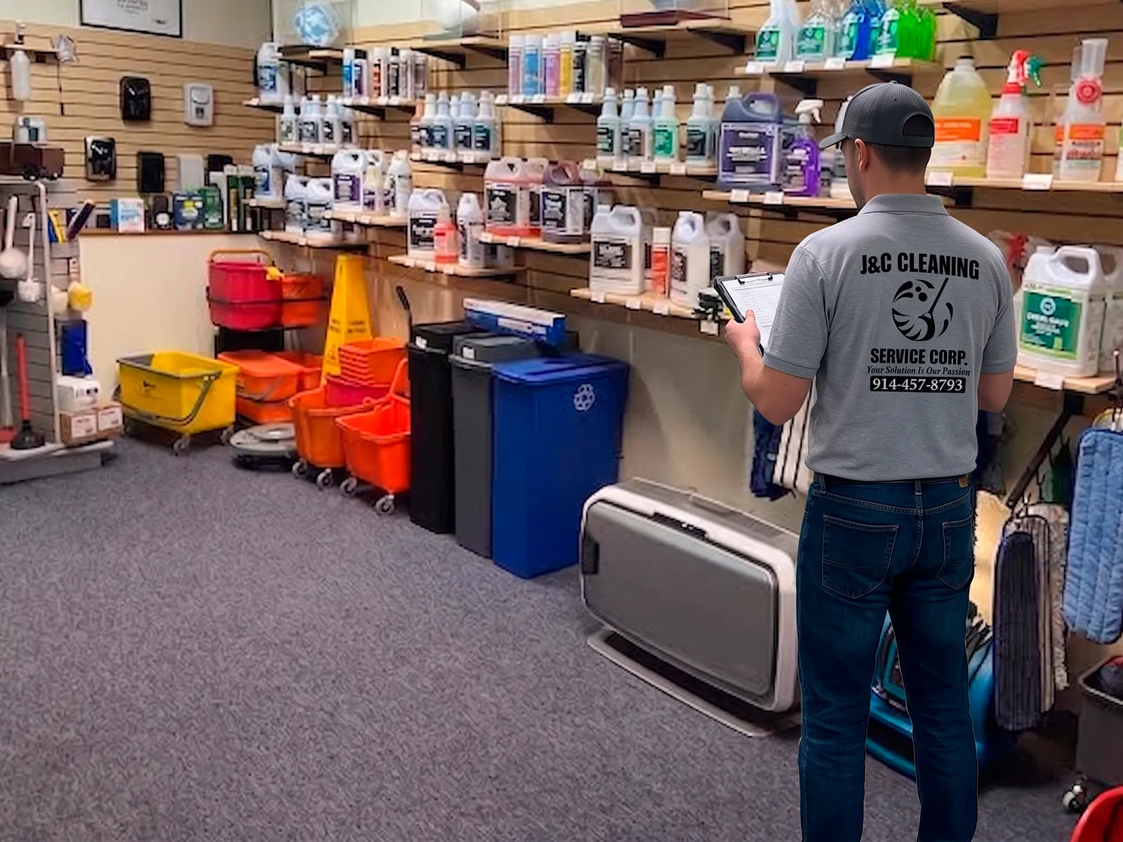 Un integrante del equipo de J&C Cleaning Services revisando el inventario, con tabla en mano, en un almacén de suministros con químicos de limpieza, carros exprimidores, contenedores y papel